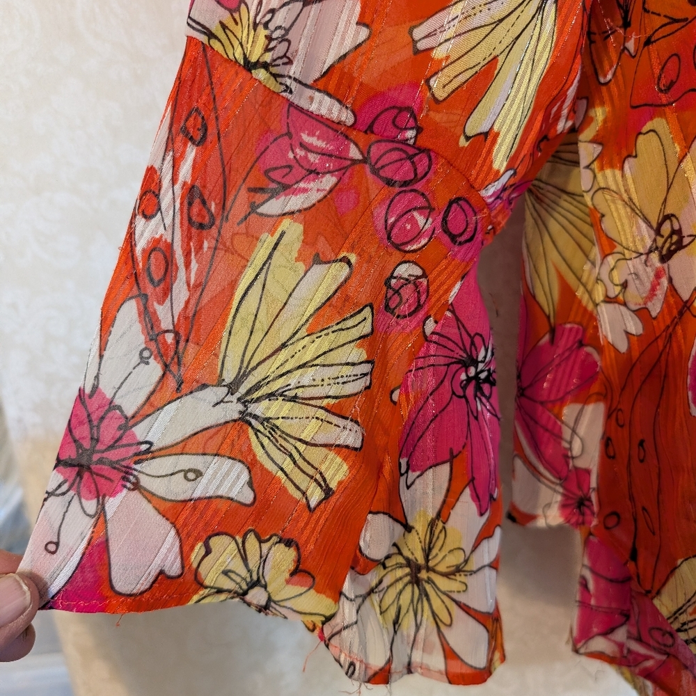 Sara Michelle Top Sz. Large Bright Orange Floral - Picture 7 of 16